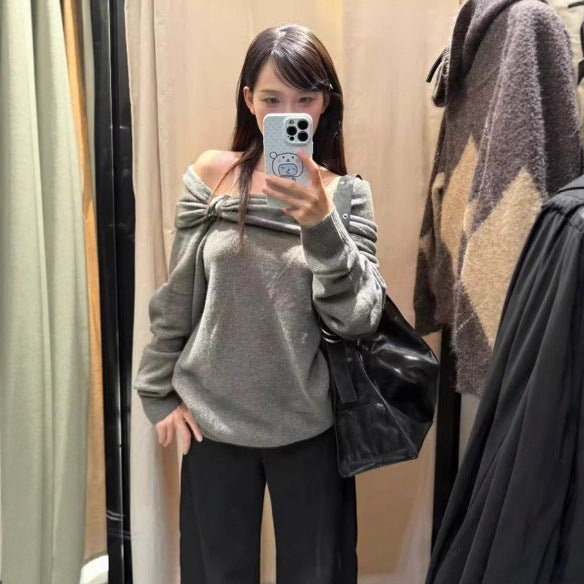 Damen Pullover Asymmetrischer Schalkragen Dekorativer Verschluss