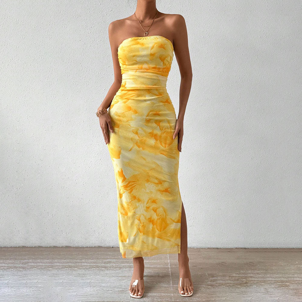 Damen Maxikleid Lang Hülsenform Bandeau-Ausschnitt Hochschlitz