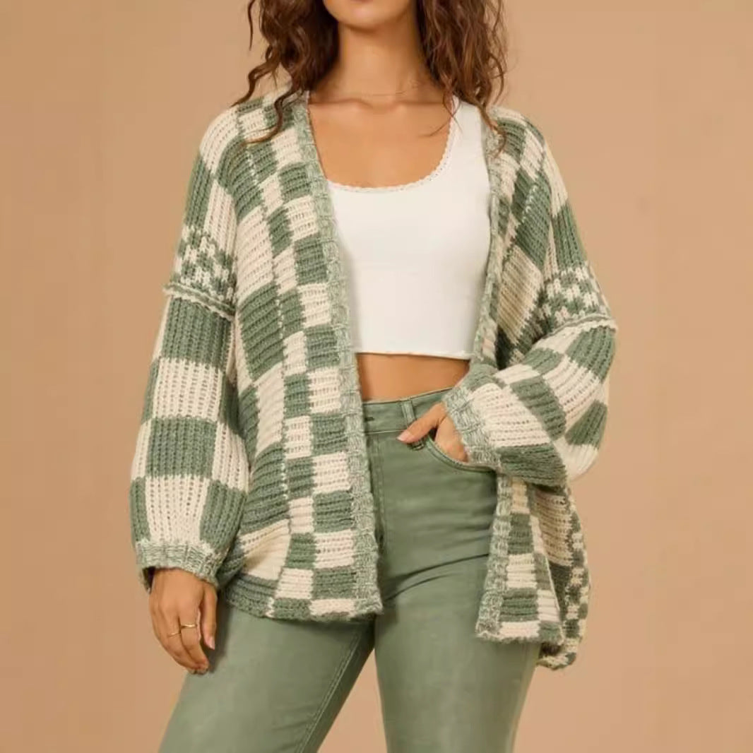 Damen Strickjacke Karomuster Weite Ärmel Beige