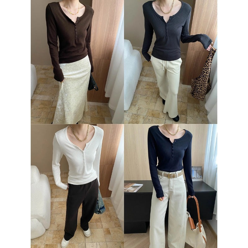 Damen Langarm Henley Shirt Feinripp Norvielle Dekorativ