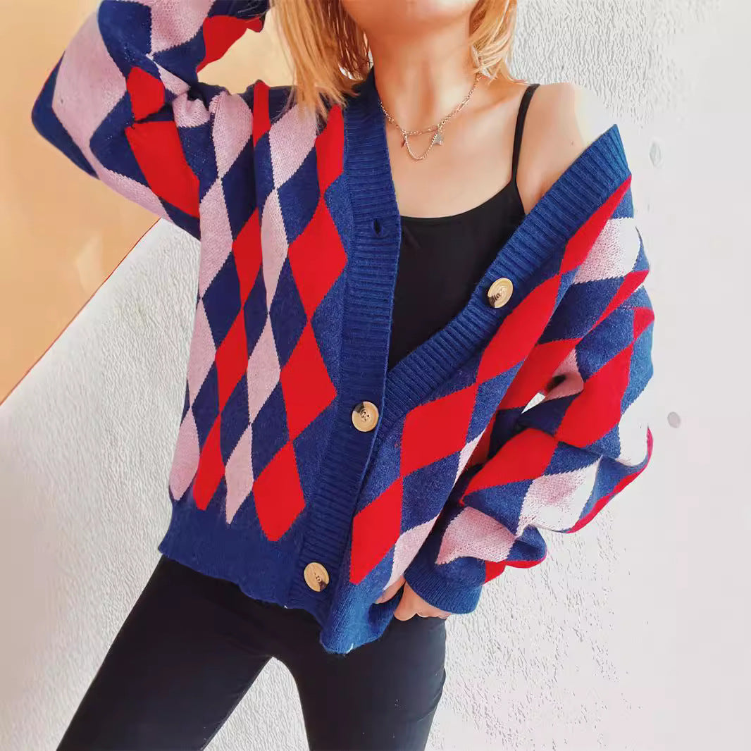 Damen Strickjacke Rautenmuster Große Knöpfe Norvielle - Norvielle