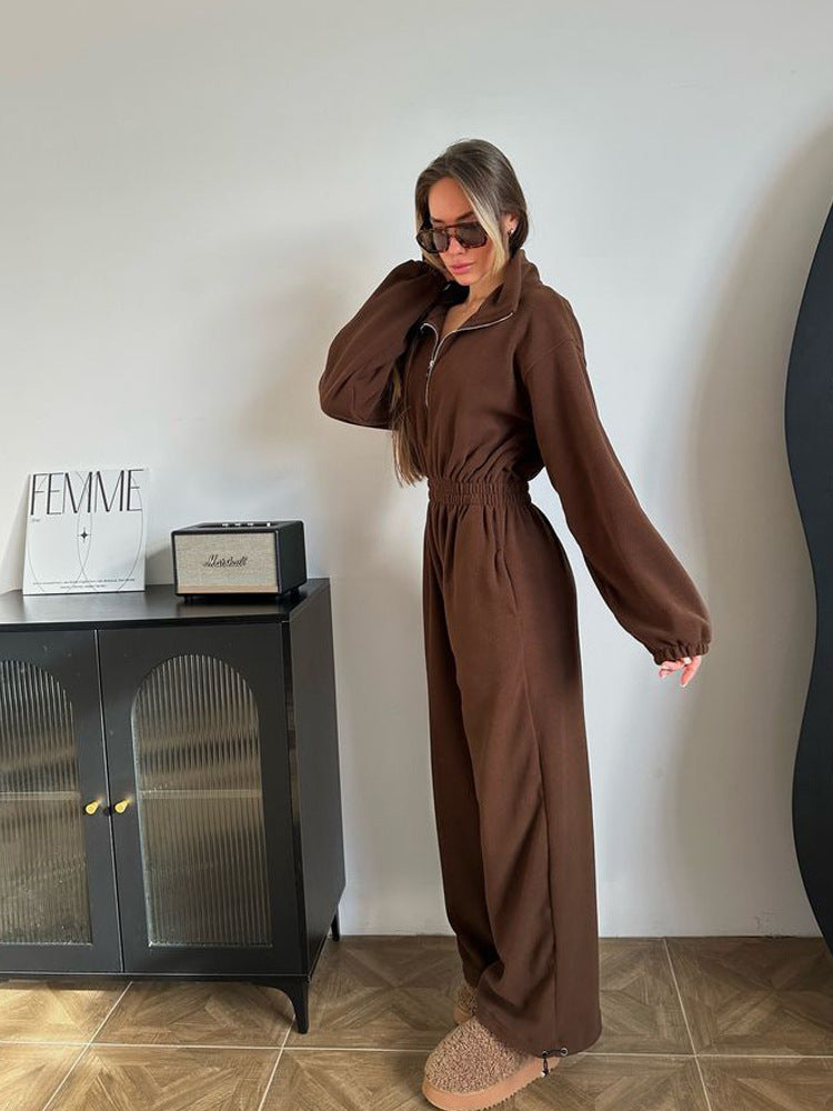 Damen Fleece-Jogginganzug Elastischer Bund Halb-Reißverschluss