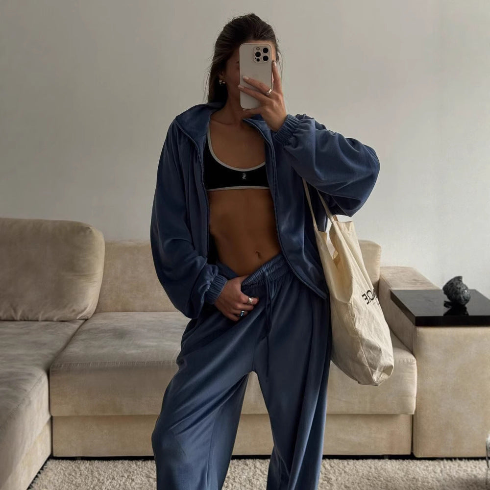 Damen Velours Jogginganzug mit Reißverschluss und Gummizug