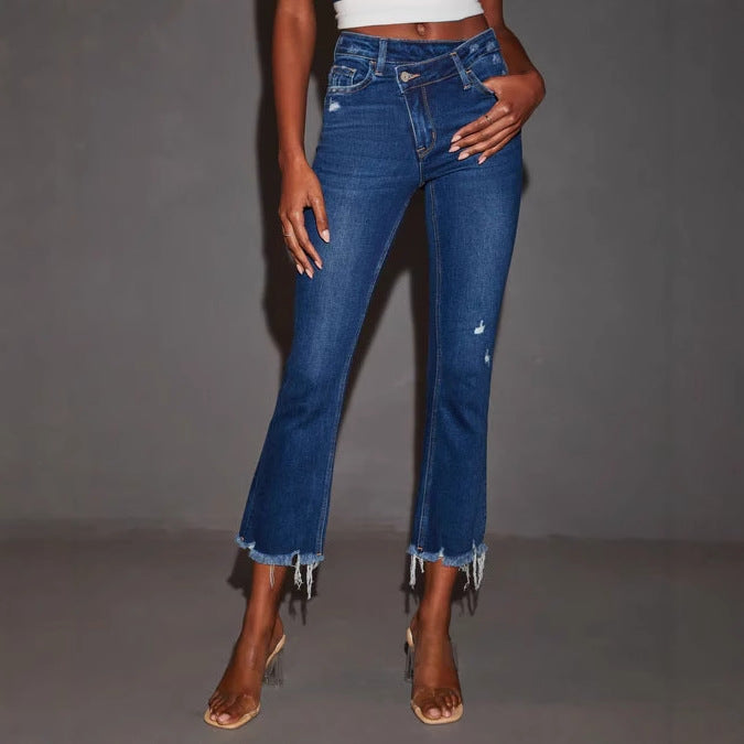 Damen Flared Jeans Destroyed Effekt Franser Saum Schwarz - Norvielle