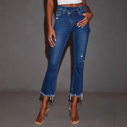 Damen Flared Jeans Destroyed Effekt Franser Saum Schwarz - Norvielle