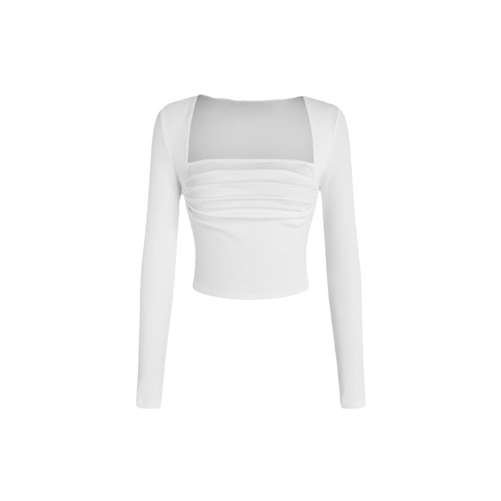 Damen Langarmshirt Rundhals Cropped Baumwolle Weiß