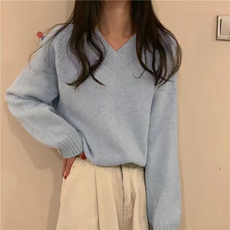Damen Pullover Weich Wolle V-Ausschnitt Beige