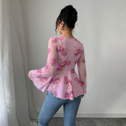 Damen Bluse Fließendes Blusen-Shirt Florales Design Verspielter Knoten