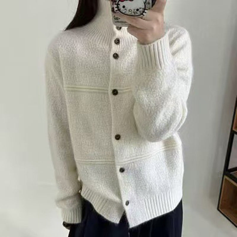 Damen Strickjacke Hochkragen Knopf details Norvielle
