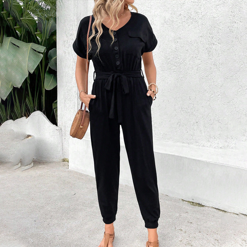 Damen Jumpsuit Casual mit Taschen und verstellbarem Gürtel - Norvielle