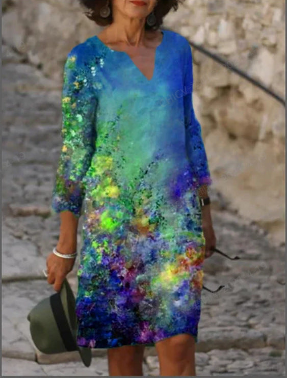 Damen Sommerkleid V-Ausschnitt Bunt Grafikdesign