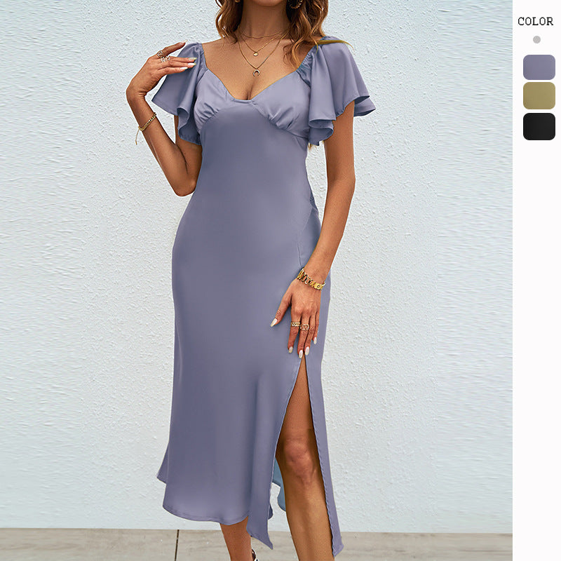 Damen Maxikleid Voluminöse Rüschenärmel Seitlicher Schlitz Norvielle - Norvielle