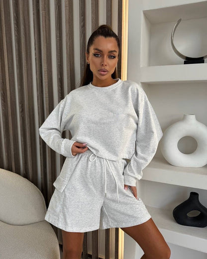 Damen Freizeitanzug Oversized Sweatshirt Kurze Hose Grau