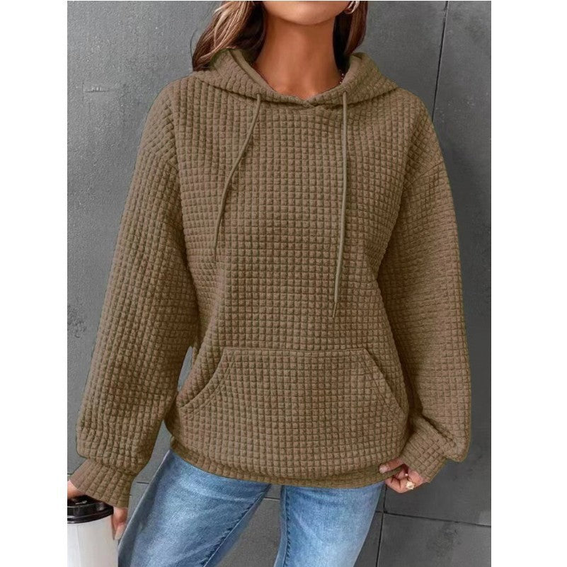 Damen Kapuzenpullover Waffelstruktur mit Kängurutasche Lässig Beige