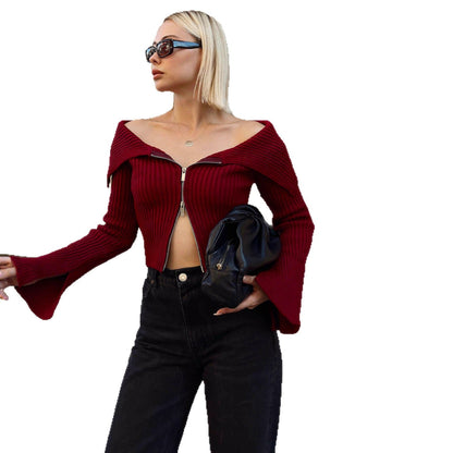 Damen Off-Shoulder Pullover Reißverschluss Norvielle