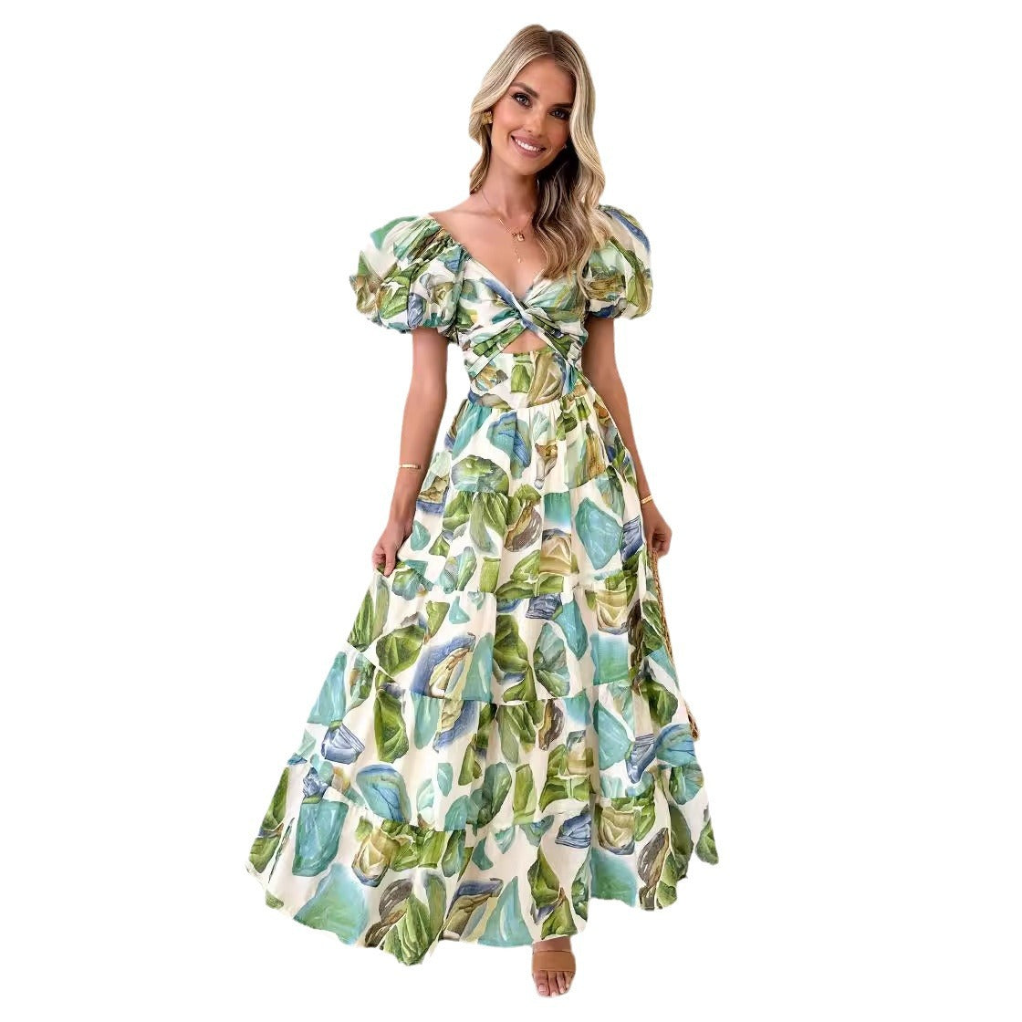 Damen Maxikleid Schulterfreies Design Puffärmel Norvielle