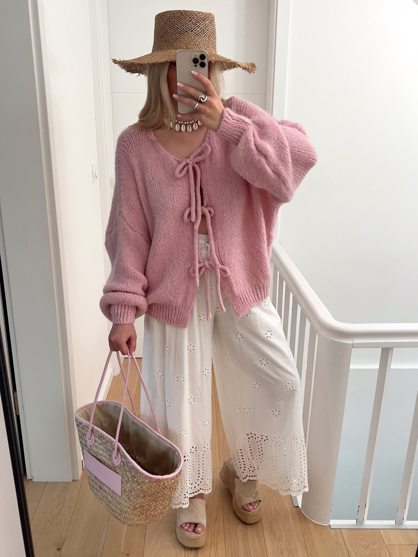 Damen Cardigan Pullover Solid Farbe Rundhals Mit Schnürung