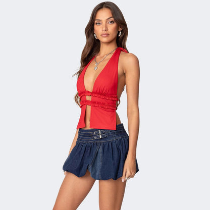 Damen Crop- Rüschendetails Cut-Out Oberteil