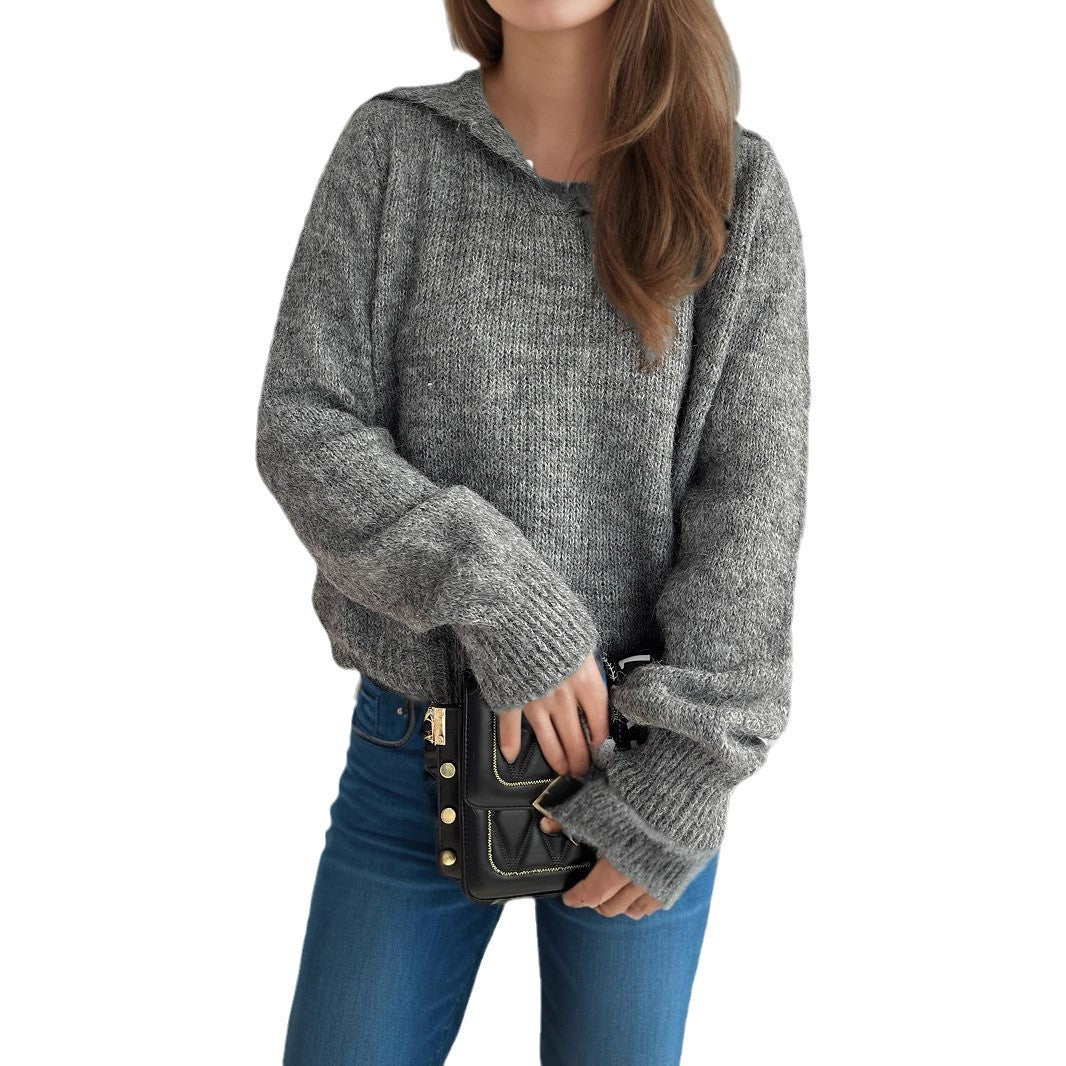 Damen Strickpullover V-Ausschnitt Voluminöse Ärmel Beige