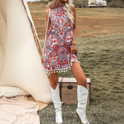 Damen Kurzes Paisley-Kleid mit Fransen dunkel