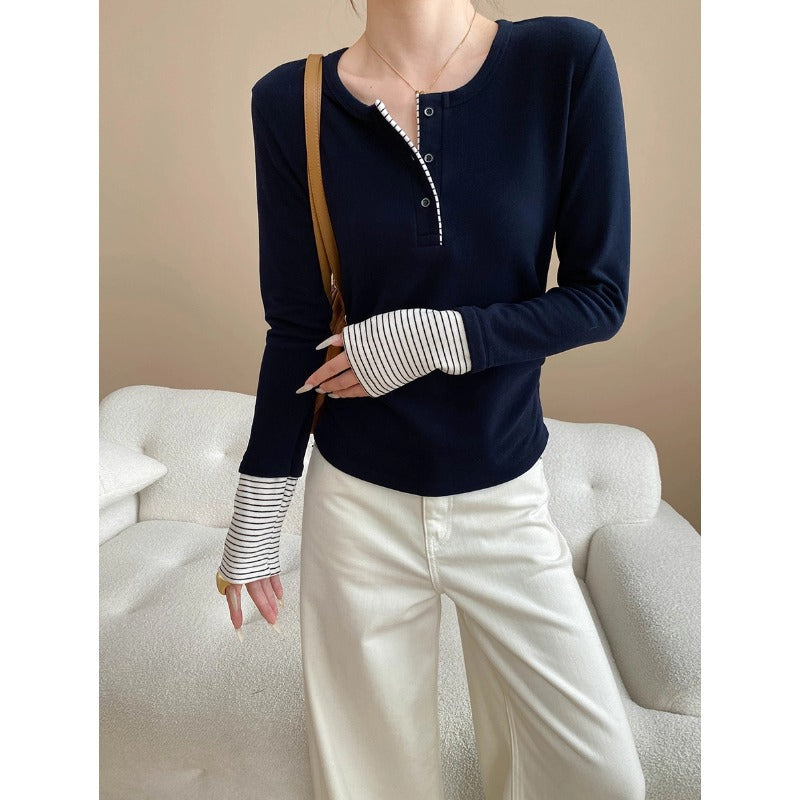 Damen Langarmshirt Gestreift Knopfverschluss Weiß - Norvielle