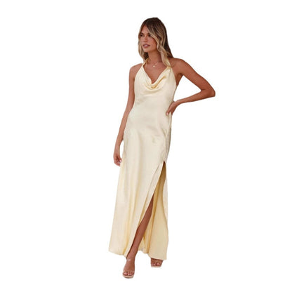 Damen Satin Maxikleid Elegantes Design Tiefer Ausschnitt