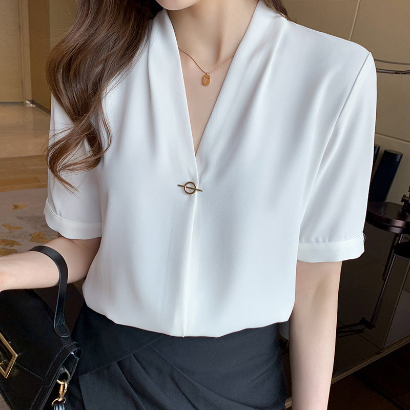 Damen Bluse V-Ausschnitt Pin-Verschluss Elegante Seide Beige
