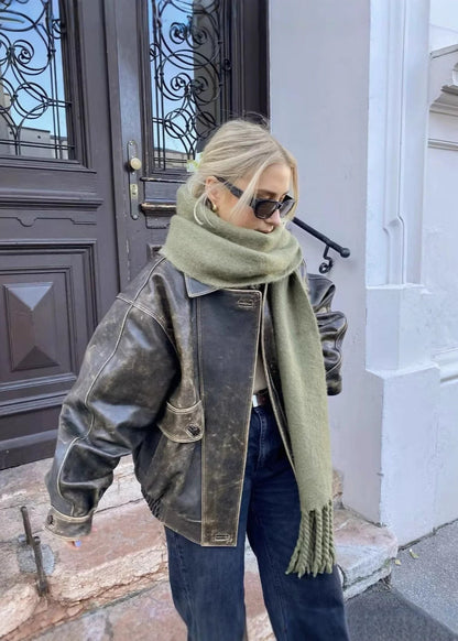 Damen Lederjacke Lässig Gewaschen