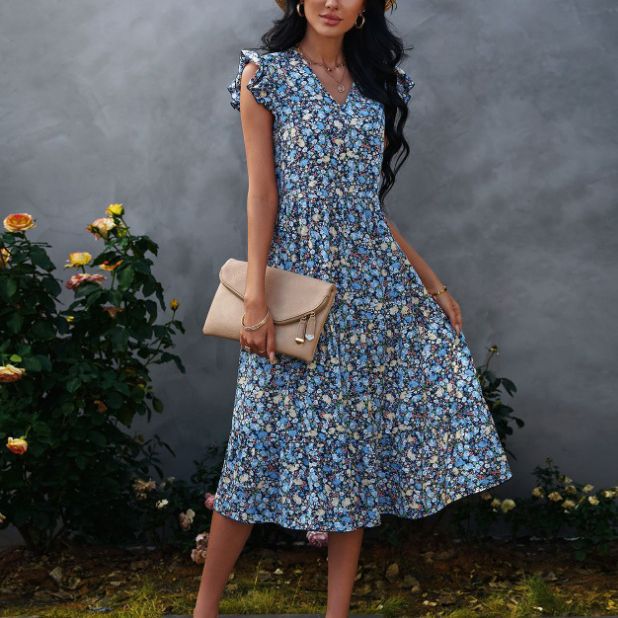 Damen A-Linien Kleid mit Rüschenärmeln und Blumenmuster