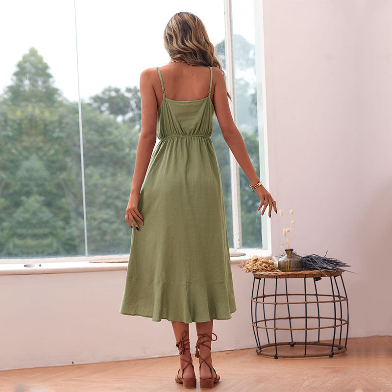 Damen Maxikleid Schwingender Volant Knöpfe Norvielle
