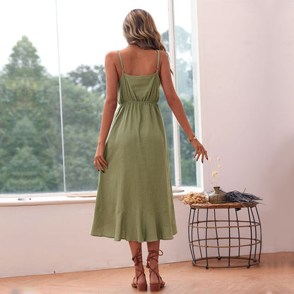 Damen Maxikleid Schwingender Volant Knöpfe Norvielle