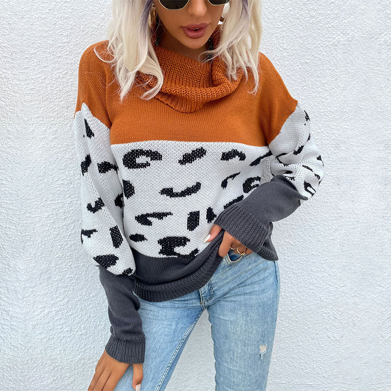 Damen Strickpullover Leopard-Muster Hochkragen Norvielle
