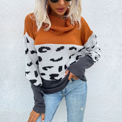 Damen Strickpullover Leopard-Muster Hochkragen Norvielle