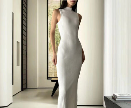 Damen Maxikleid Hohler Kragen Rippmuster Elegant