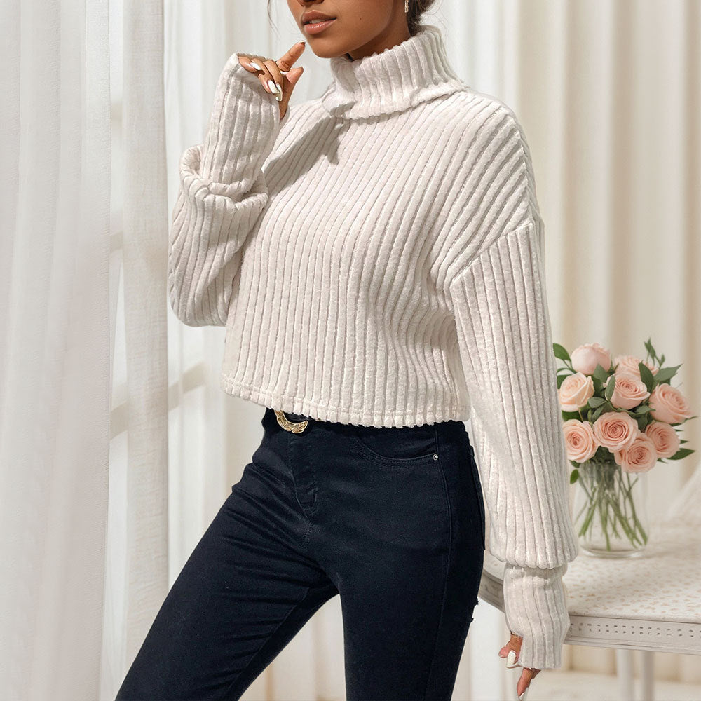 Damen Pullover Cropped mit Rippstruktur und hohem Kragen Norvielle