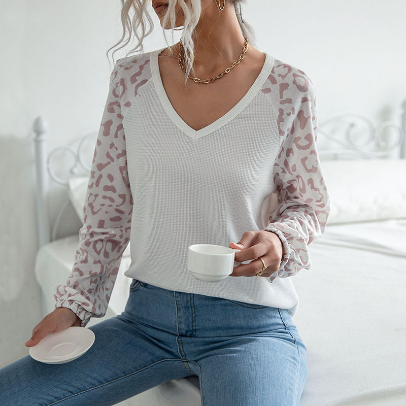 Damen Langarmshirt V-Ausschnitt Strukturierte Ärmel Details Beige