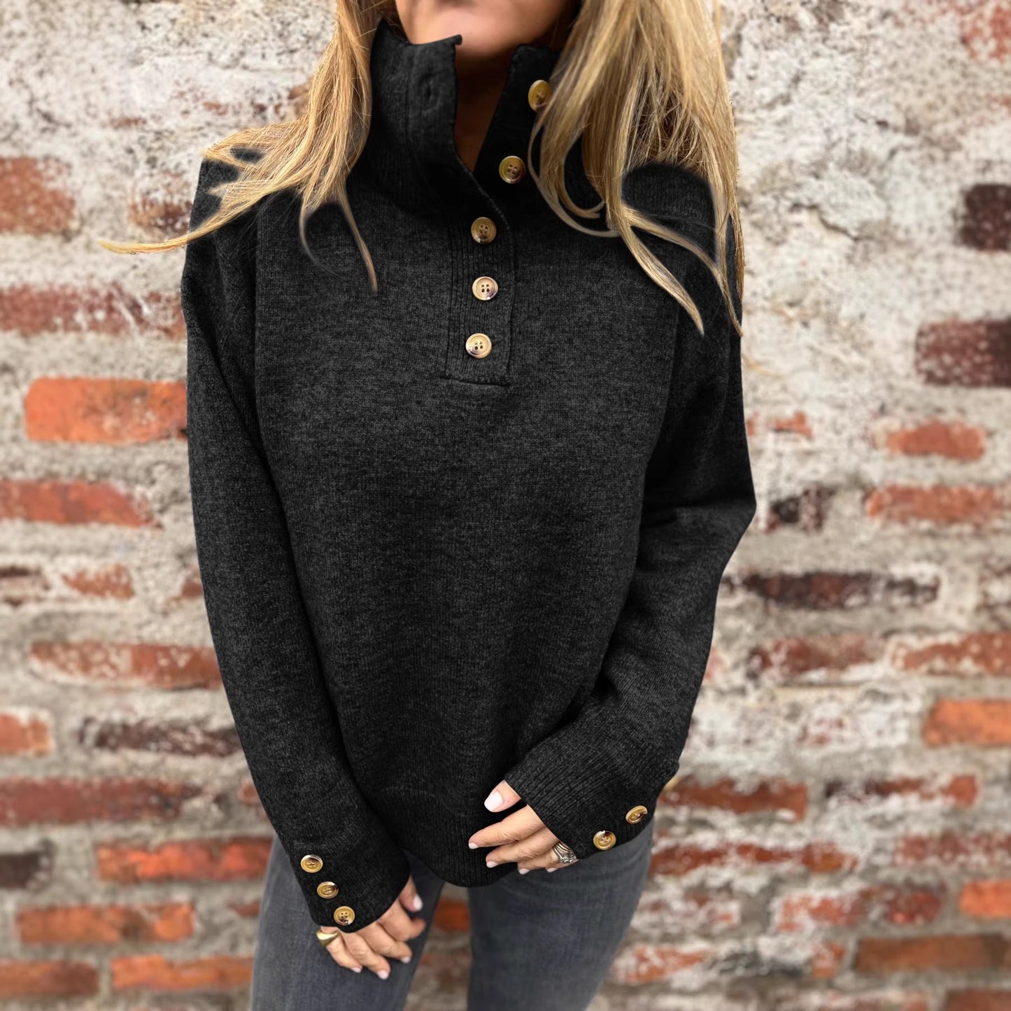Damen Pullover Hohler Kragen Dekorative Knöpfe Norvielle