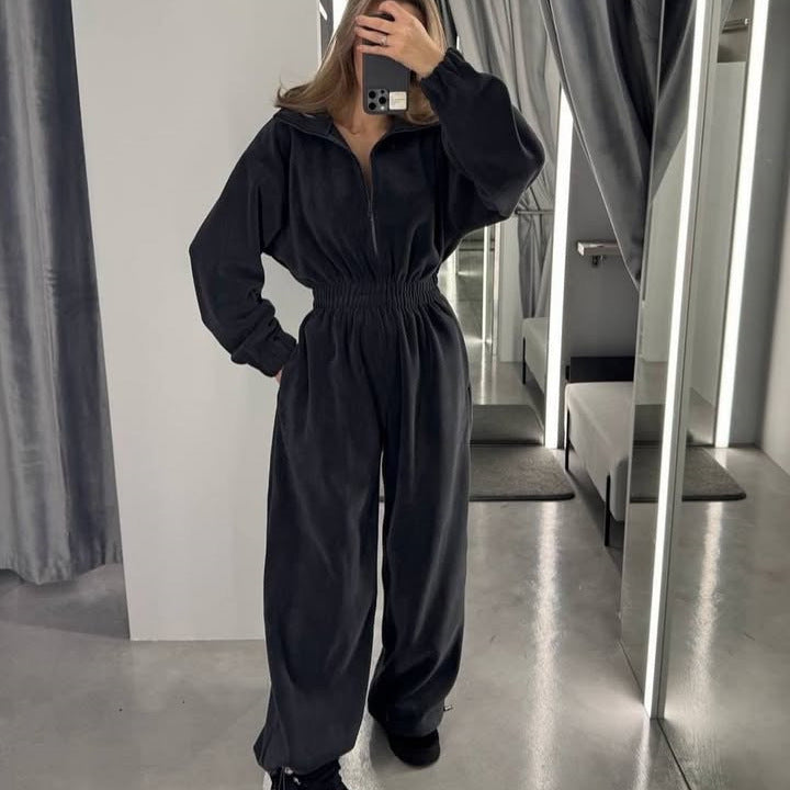 Damen Fleece-Overall Hochkragen Reißverschluss