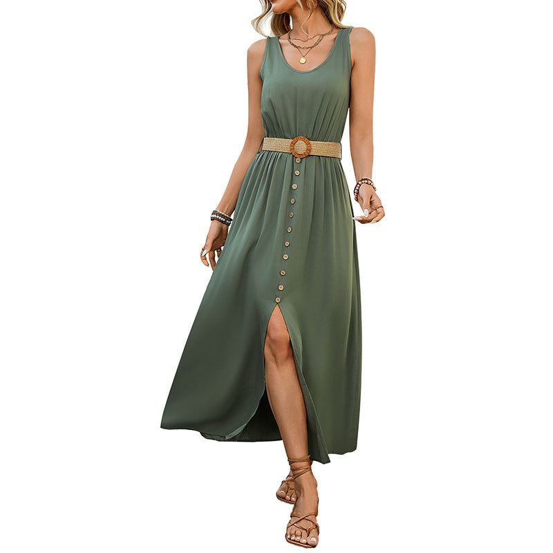 Damen Maxikleid Knöpfe Seitenschlitz