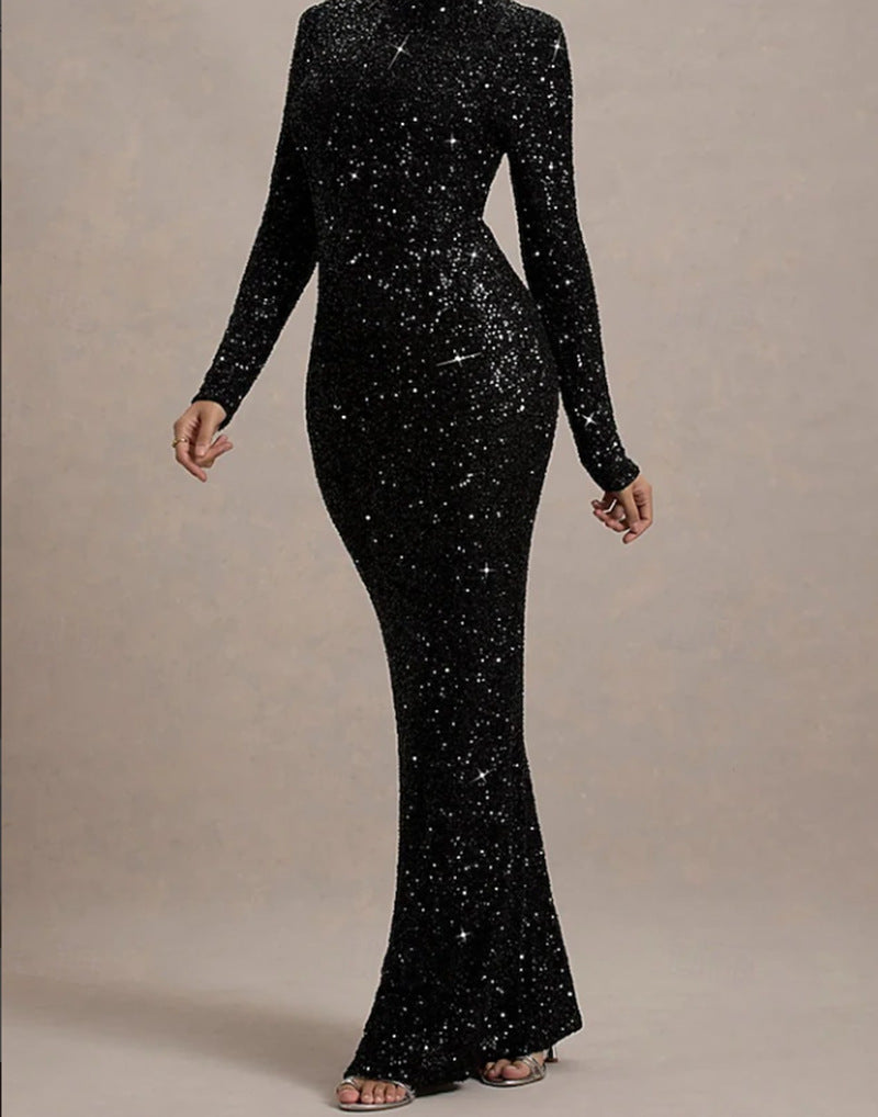 Damen Abendkleid Glitzernd Hochkragen Figurbetont Norvielle