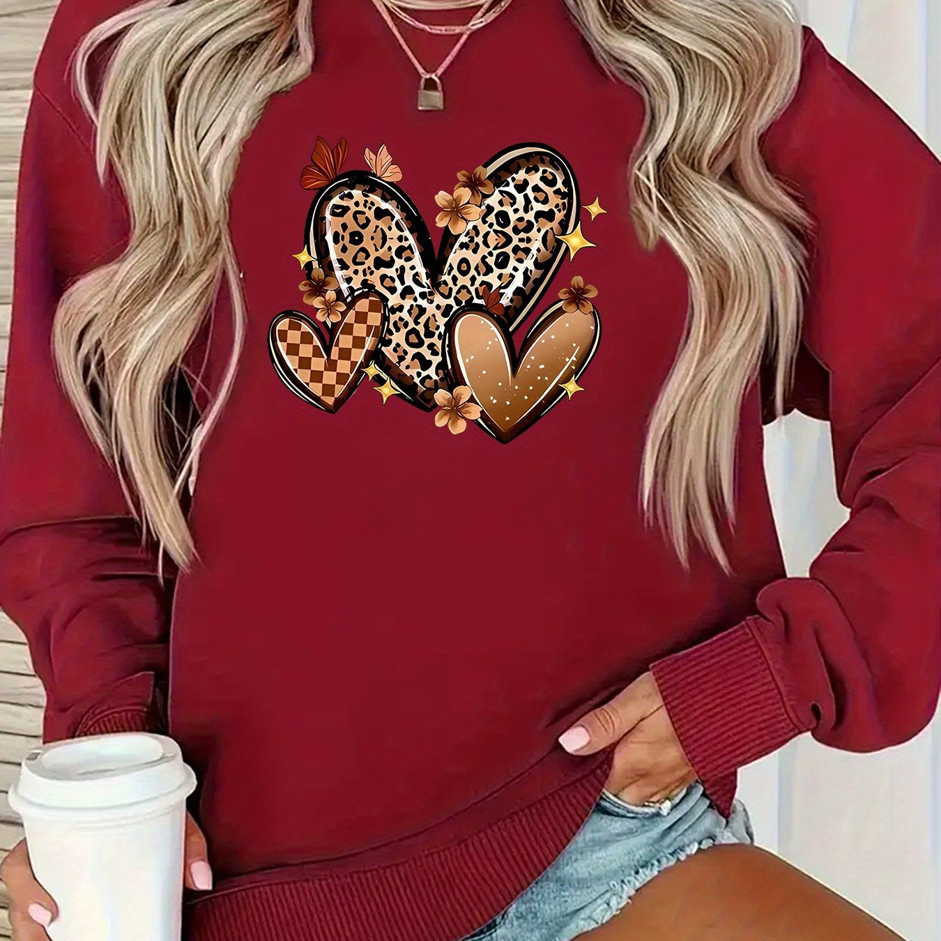 Damen Sweatshirt Herzmotive Baumwolle Weiß