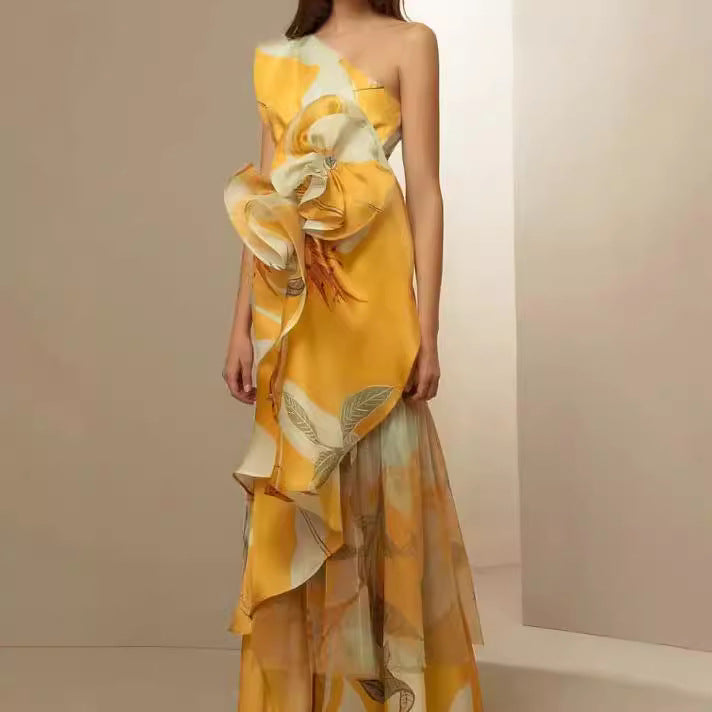 Damen Maxikleid Asymmetrisch Florale Rüschen