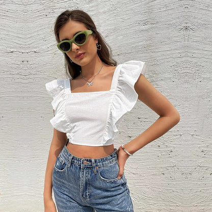 Damen Cropped Rüschendetails Quadrat-Ausschnitt Norvielle