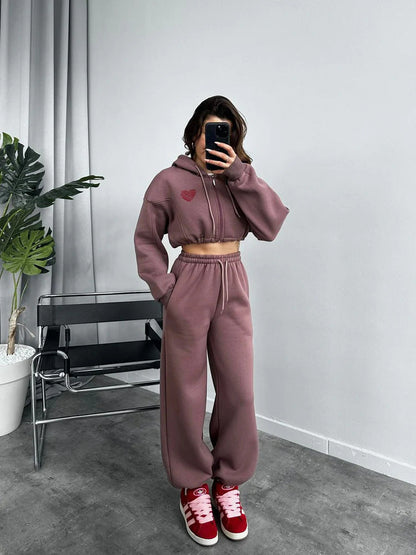Damen Hoodie Jogginghose Set Cropped Oberteil Elastischer Bund