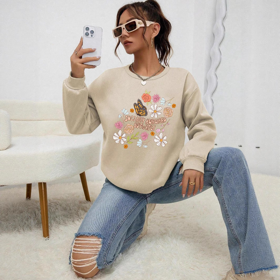 Damen Sweatshirt Floralmuster Baumwolle Weiß