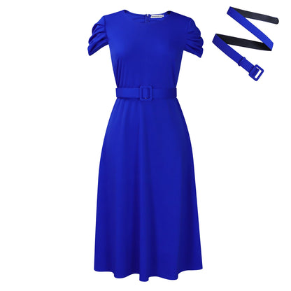 Damen Midi-Kleid Gummizug schmal Gürtel Norvielle