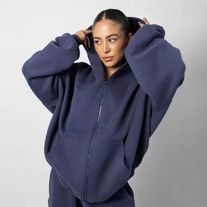 Damen Fleece Hoodie Jogginghose Set mit Reißverschluss und Taschen - Norvielle