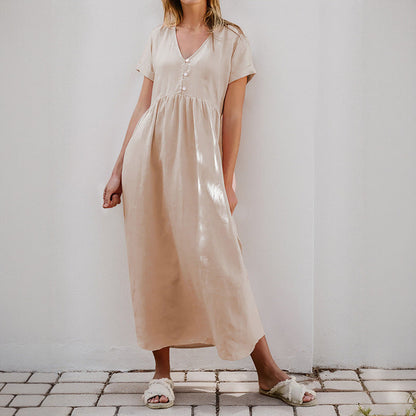 Damen Maxikleid V-Ausschnitt Dekorative Knöpfe