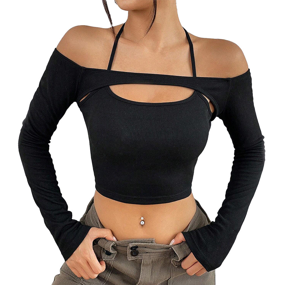 Damen Crop- Off-Shoulder Asymmetrisch Langärmlig Norvielle