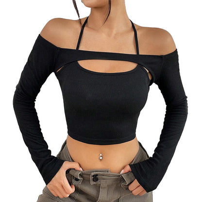 Damen Crop- Off-Shoulder Asymmetrisch Langärmlig Norvielle